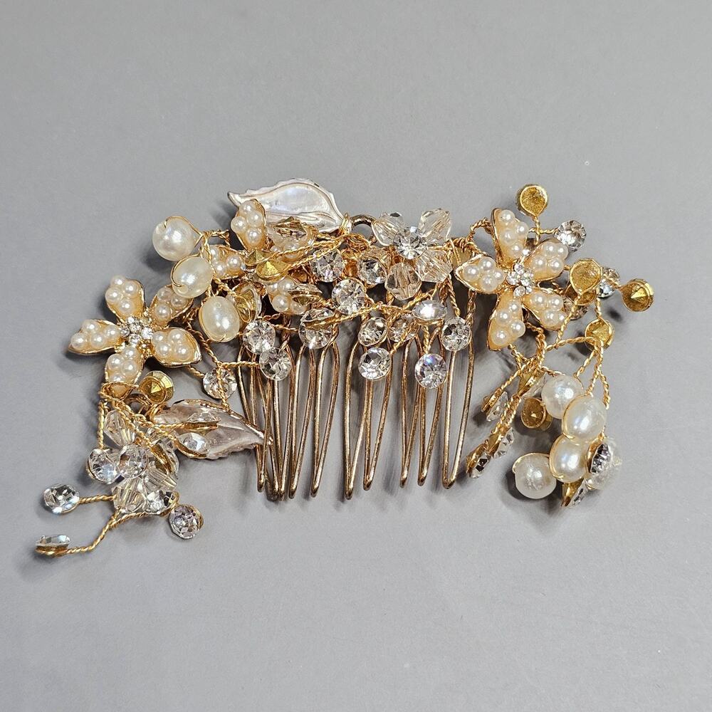 Faux Pearl Braided Twist Hair Comb Clip Bridal Prom Pageant Goldtone